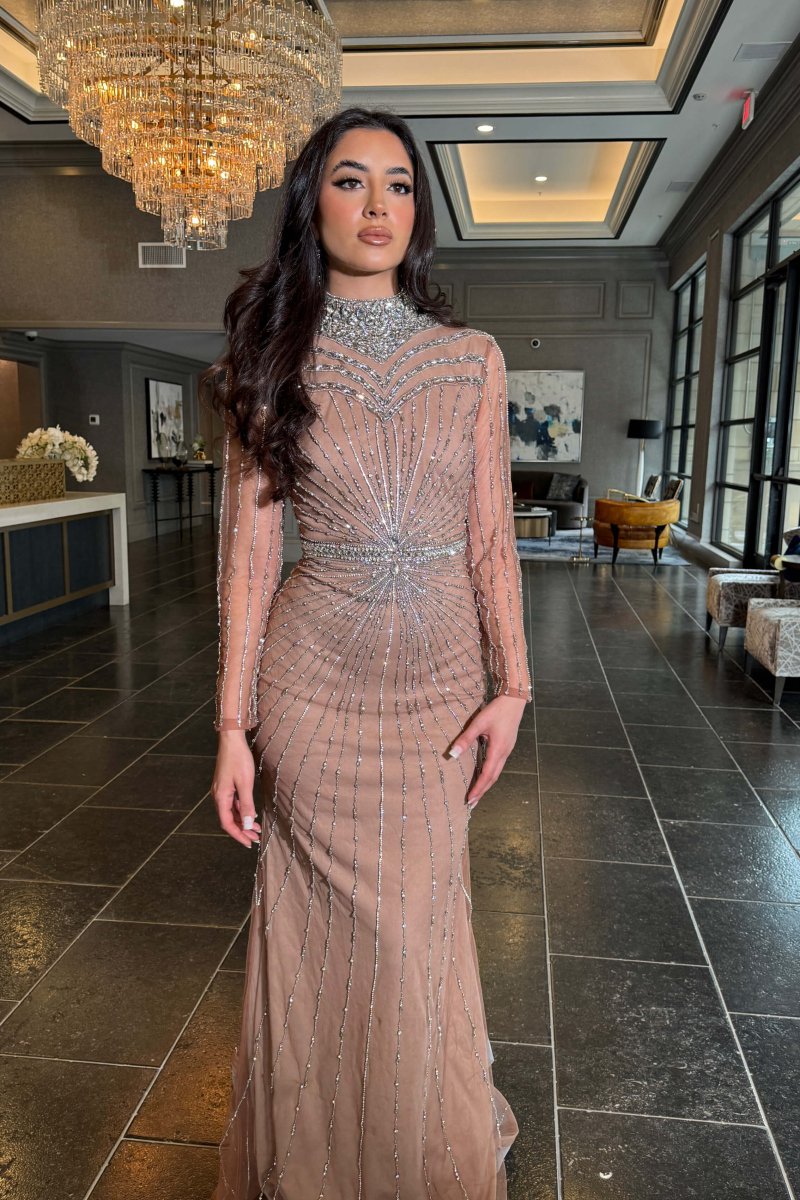 Iyza Belaar Rania long sleeve beaded high-neck dress, elegant long dress with intricate beadwork and a high neckline.