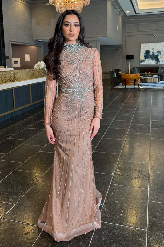 Iyza Belaar Rania long sleeve beaded high neck dress, elegant long dress with intricate beadwork and high neckline.