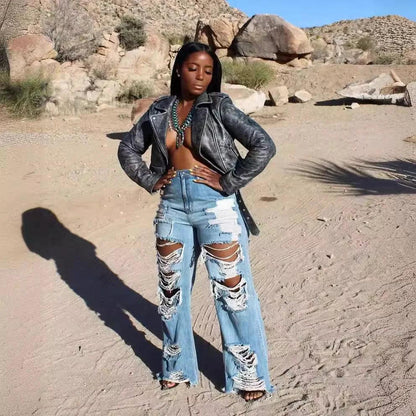 Jeans Women Long Pants Elegant Splice Denim Pant Slim Fit Sexy Hole High Waist Button Pocket Straight Trousers Summer 2024 - MANDOTOS