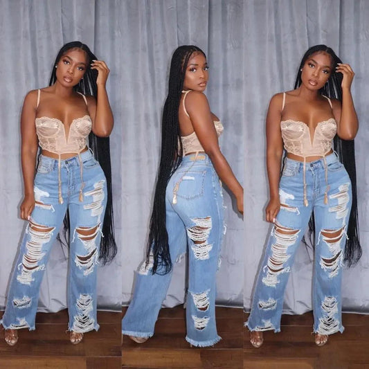 Jeans Women Long Pants Elegant Splice Denim Pant Slim Y2k Sexy Hole High Waist Button Pocket Straight Trousers Summer 2024 - MANDOTOS