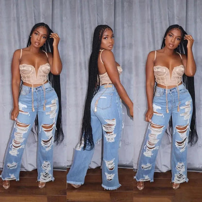 Jeans Women Long Pants Elegant Splice Denim Pant Slim Y2k Sexy Hole High Waist Button Pocket Straight Trousers Summer 2024 - MANDOTOS