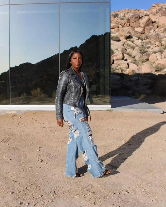 Jeans Women Long Pants Elegant Splice Denim Pant Slim Y2k Sexy Hole High Waist Button Pocket Straight Trousers Summer 2024 - MANDOTOS