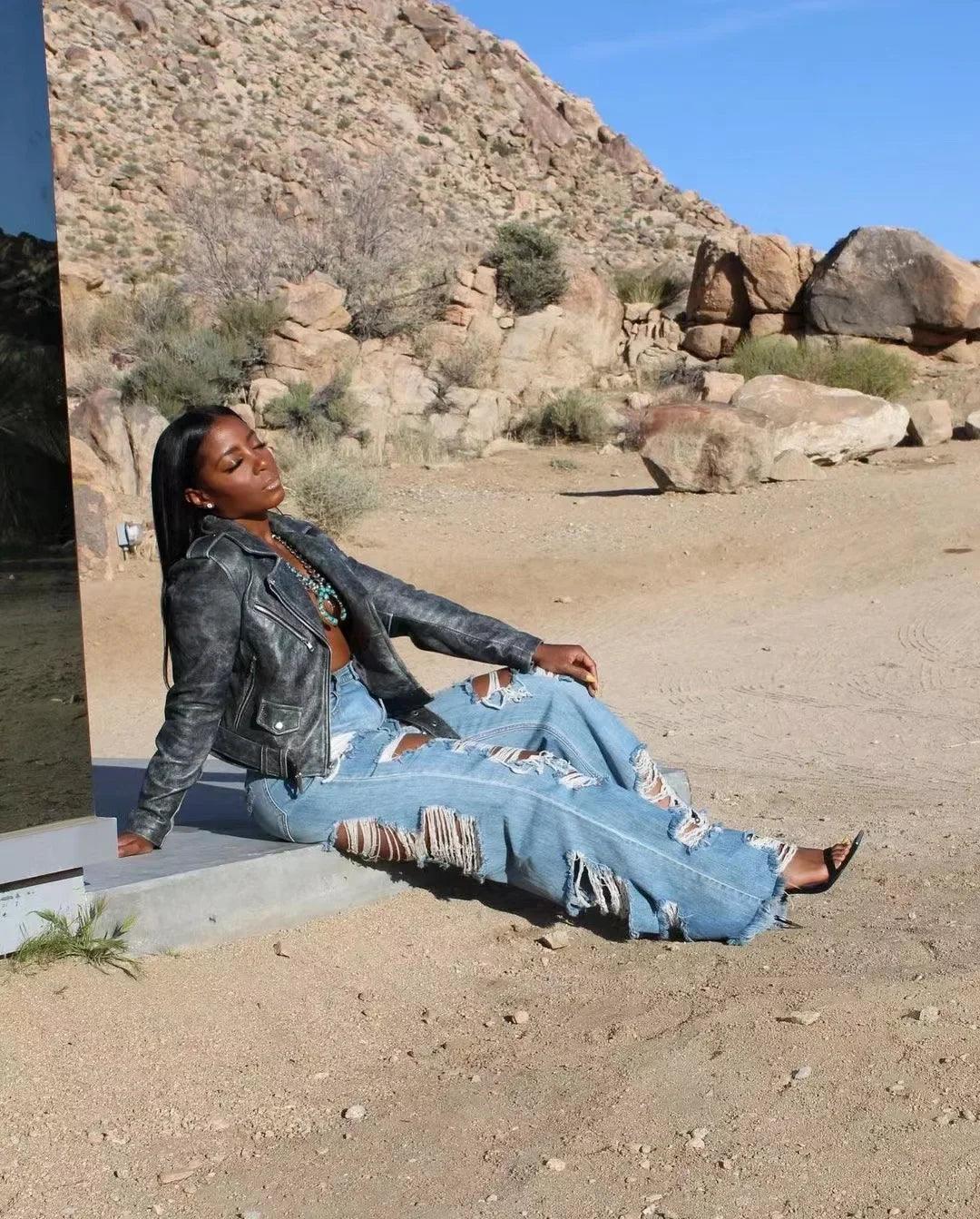 Jeans Women Long Pants Elegant Splice Denim Pant Slim Y2k Sexy Hole High Waist Button Pocket Straight Trousers Summer 2024 - MANDOTOS