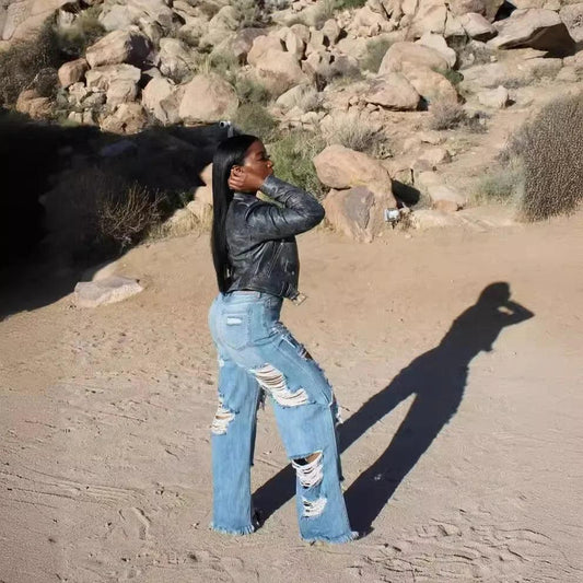 Jeans Women Long Pants Elegant Splice Denim Pant Slim Y2k Sexy Hole High Waist Button Pocket Straight Trousers Summer 2024 - MANDOTOS