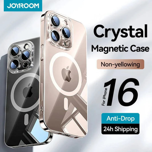 Joyroom magnetic transparent iPhone 16/15 Pro Max case with anti-yellowing, slim design, compatible with wireless chargers.