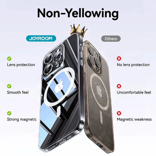 Joyroom magnetic transparent iPhone 16 Pro Max case with anti-yellow cover, slim design, compatible with wireless charging.