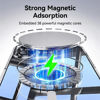 Joyroom transparent magnetic iPhone 16/15 Pro Max case with anti-yellow design and slim profile, compatible with wireless chargers