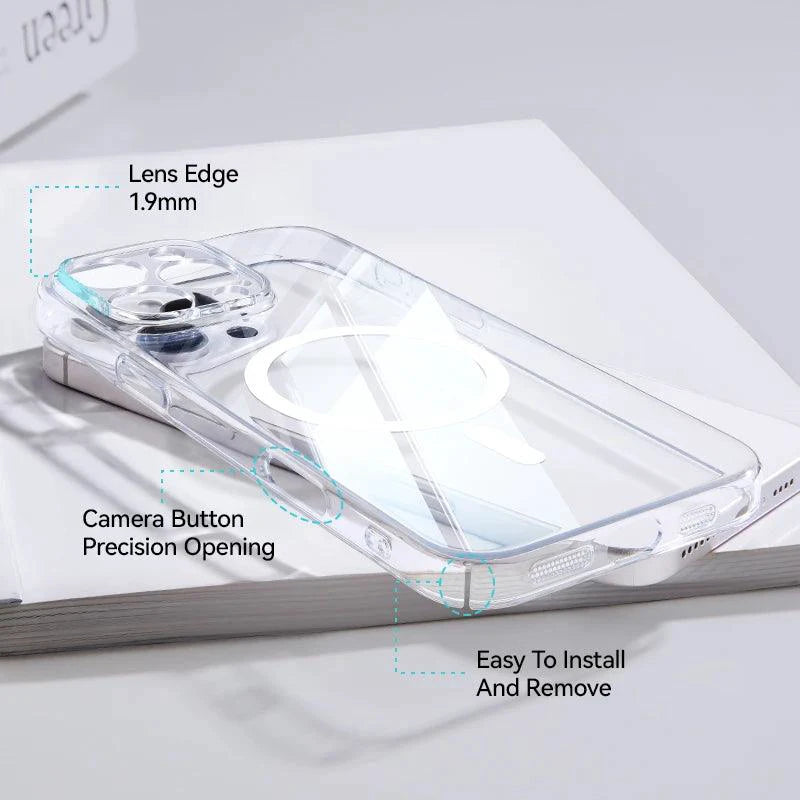 Joyroom magnetic transparent iPhone 16 Pro Max case with anti-yellow design, slim profile, compatible with wireless chargers.