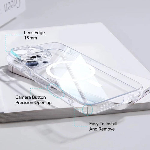 Joyroom magnetic transparent iPhone 16 Pro Max case with anti-yellow design, slim profile, compatible with wireless chargers.