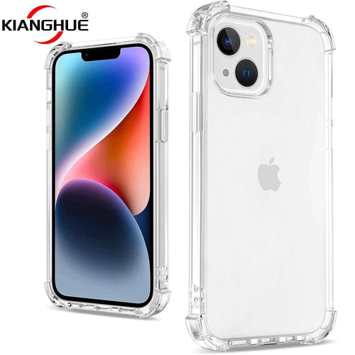 Shockproof clear silicone case for iPhone 15, 14, 13, 12, 11 Pro Max and Mini, showing soft, ultra-thin protective cover with precise cutouts.