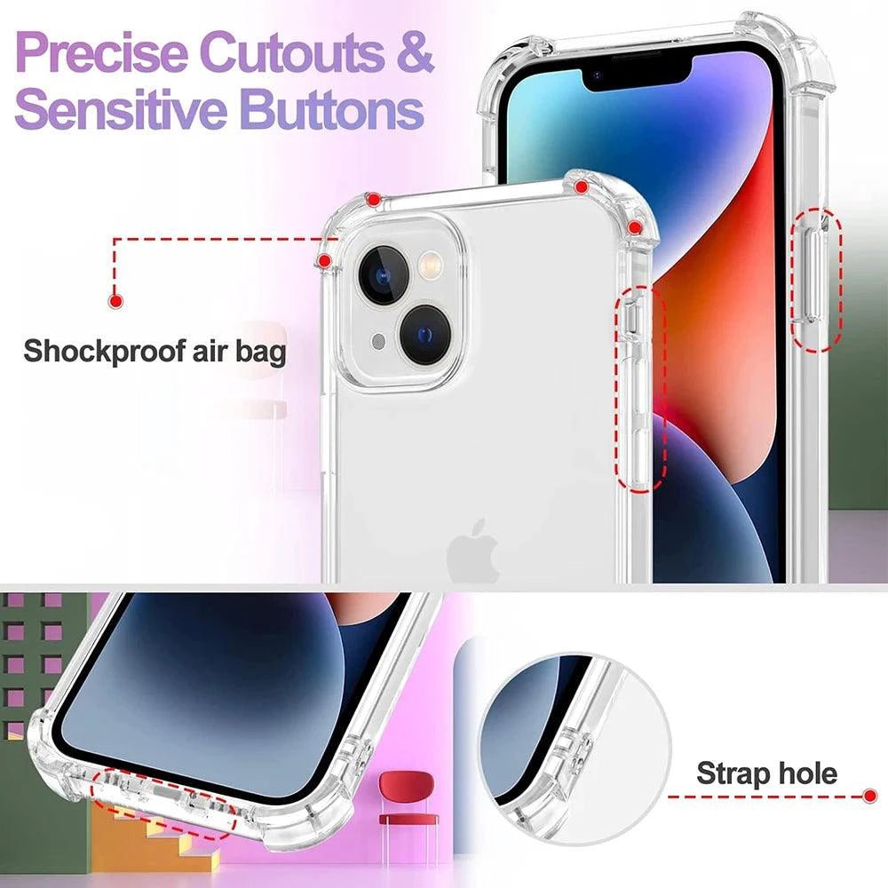 Clear shockproof silicone case for iPhone 11 to 15 Pro Max, showing slim, soft, protective design compatible with Apple models.