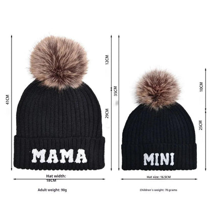 Kunyeah 3Pcs Parent-Child Beanie Hat Mama Papa Baby Matching Hats Winter Warm Cap with Pom-Pom Women Men Knitted Hat - MANDOTOS