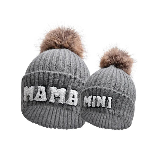 Kunyeah 3Pcs Parent-Child Beanie Hat Mama Papa Baby Matching Hats Winter Warm Cap with Pom-Pom Women Men Knitted Hat - MANDOTOS