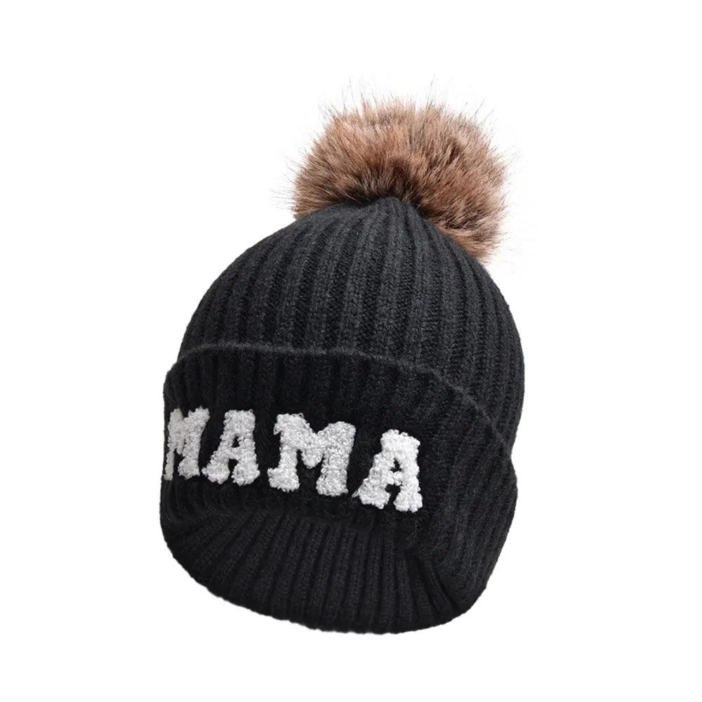 Kunyeah 3Pcs Parent-Child Beanie Hat Mama Papa Baby Matching Hats Winter Warm Cap with Pom-Pom Women Men Knitted Hat - MANDOTOS