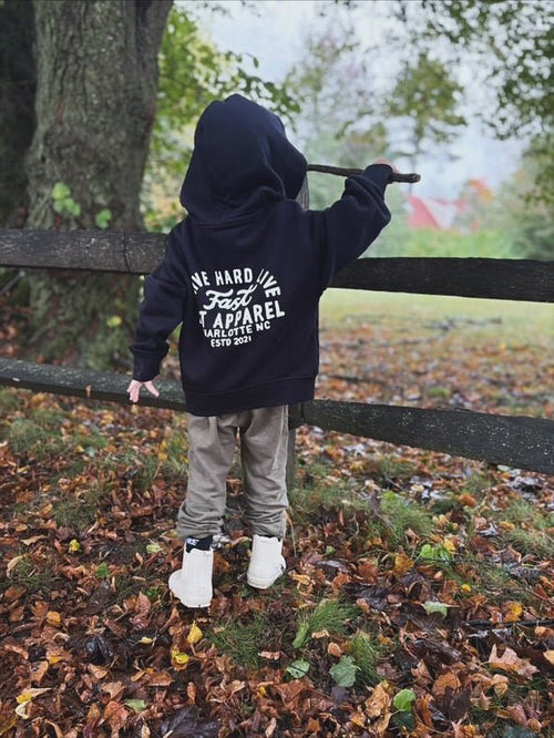 Baby and toddler THE APEX HOODIE by LITTLE RAD THINGS in recycled black, soft and cozy outerwear for little ones.