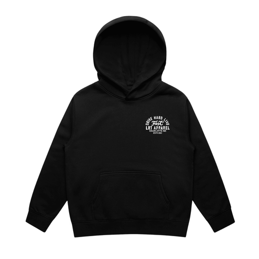Baby and toddler THE APEX HOODIE by LITTLE RAD THINGS in recycled black, cozy outerwear with a soft, warm hood.