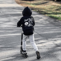 Little Rad Things baby hoodie, THE FINAL TRACK ATTACK HOODIE, recycled black toddler outerwear, soft and cozy for little ones.