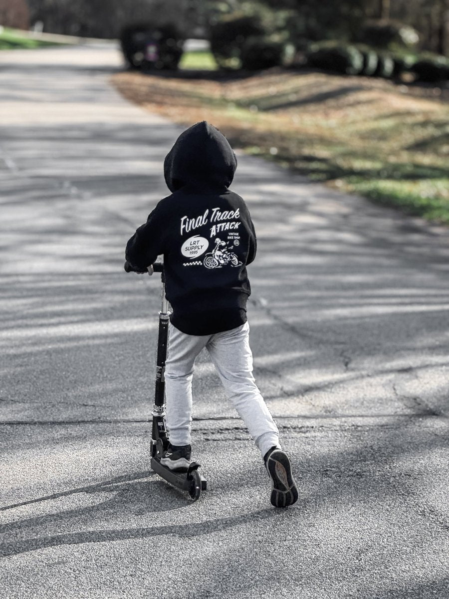 Little Rad Things baby hoodie, THE FINAL TRACK ATTACK HOODIE, recycled black toddler outerwear, soft and cozy for little ones.