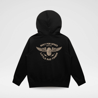 Little Rad Things toddler hoodie with winged mechanic design in recycled black, a cozy and stylish outerwear for babies and toddlers.
