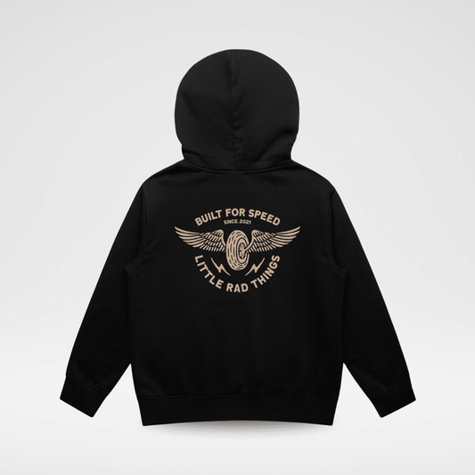 Little Rad Things toddler hoodie with winged mechanic design in recycled black, a cozy and stylish outerwear for babies and toddlers.