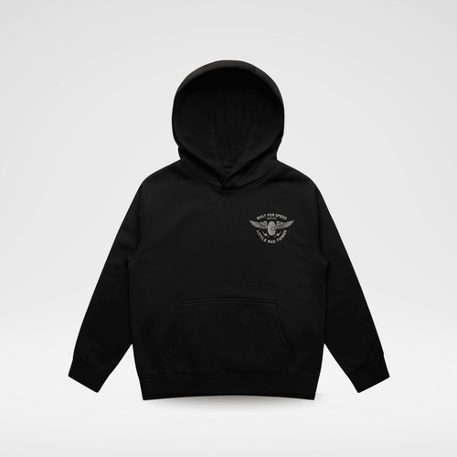 Little Rad Things Baby & Toddler Hoodie, The Winged Mechanic design in recycled black, soft and cozy outerwear for little ones.