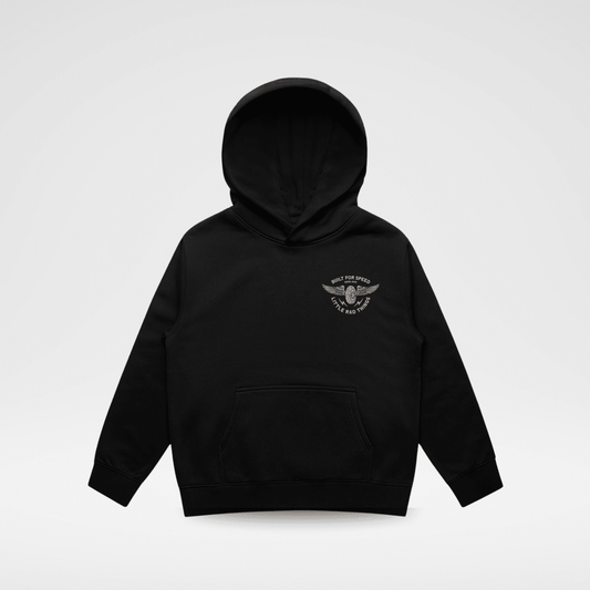 Little Rad Things Baby & Toddler Hoodie, The Winged Mechanic design in recycled black, soft and cozy outerwear for little ones.