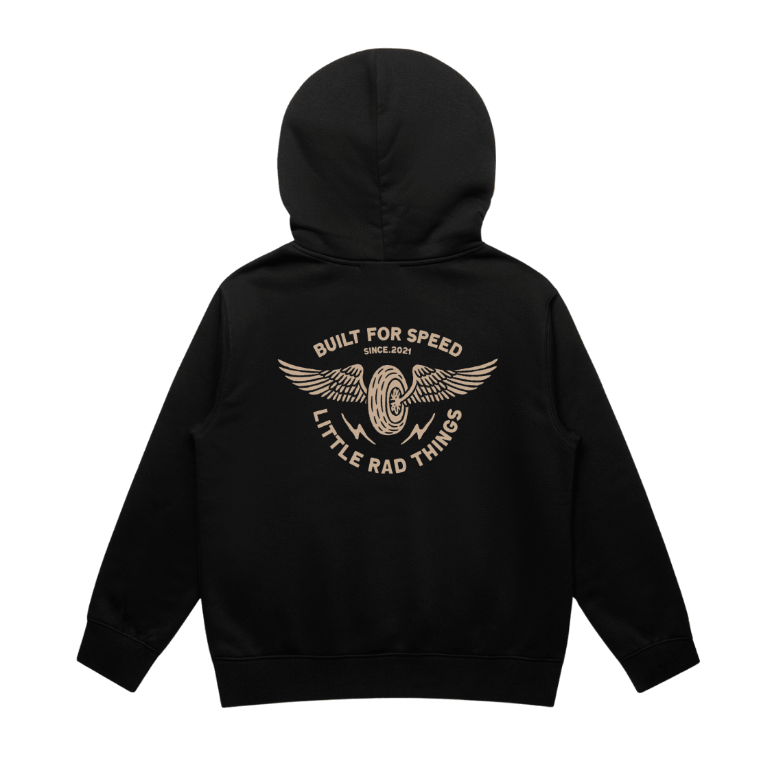 Little Rad Things baby and toddler hoodie featuring winged mechanic design in recycled black fabric, cozy outerwear for young children.