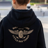Baby and toddler recycled black hoodie with winged mechanic design from LITTLE RAD THINGS, cozy and stylish outerwear for young children.
