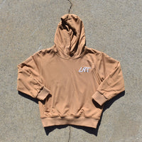 Little Rad Things LRT Bamboo Hoodie in rust color, soft bamboo fabric with hood, displayed on a mannequin.