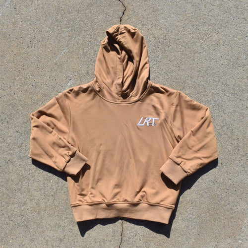 Little Rad Things LRT Bamboo Hoodie in rust color, soft bamboo fabric with hood, displayed on a mannequin.