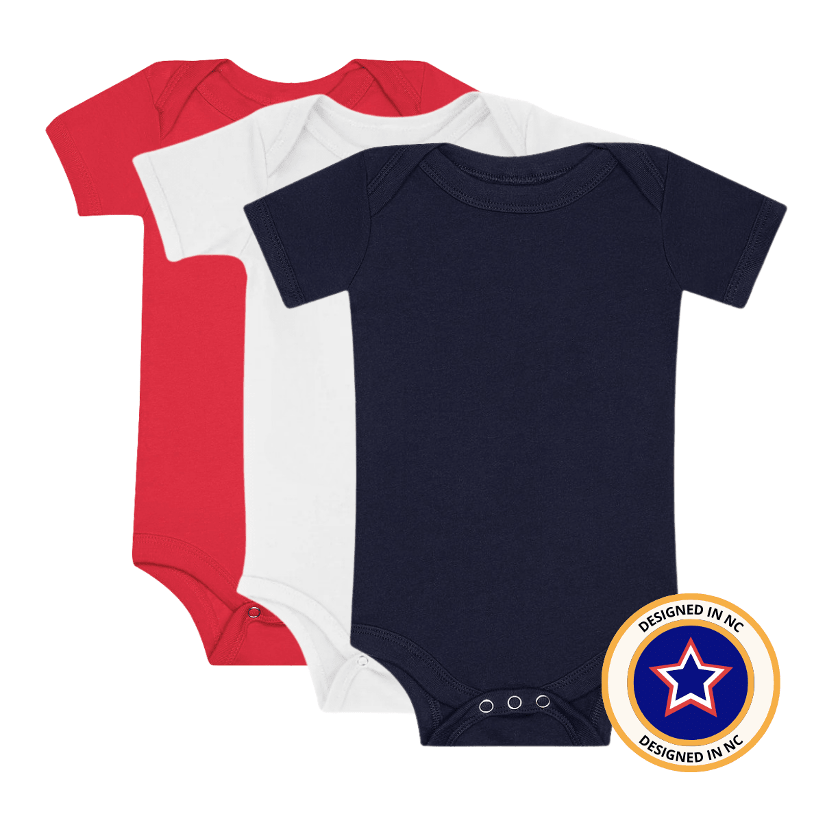 Set of three RAD Neutrals Americana onesies by Little Rad Things featuring patriotic-themed baby onesies for infants.
