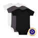 Set of three Little Rad Things neutral monochrome onesies, soft and comfortable baby clothing in various minimalist designs.