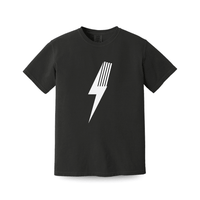 Black adult Spark T-Shirt by LITTLE RAD THINGS featuring a vibrant spark graphic on the front.