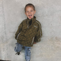 Little Rad Things Storm Rider waterproof jacket in army green, featuring a durable, waterproof design for outdoor wear.