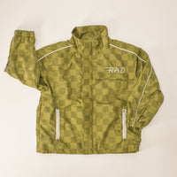 Little Rad Things Storm Rider waterproof jacket in army green, lightweight outdoor jacket with hood and rain-resistant material.