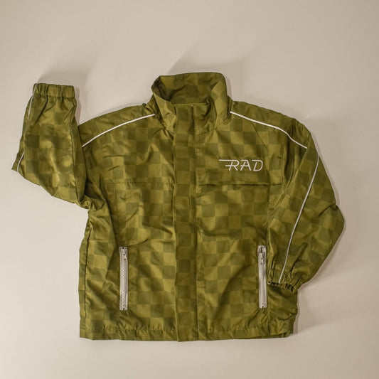 Little Rad Things Storm Rider waterproof jacket in army green, lightweight and durable for outdoor activities.