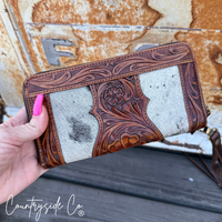 Lucille Cowhide Tooled Leather Wallet Wristlet