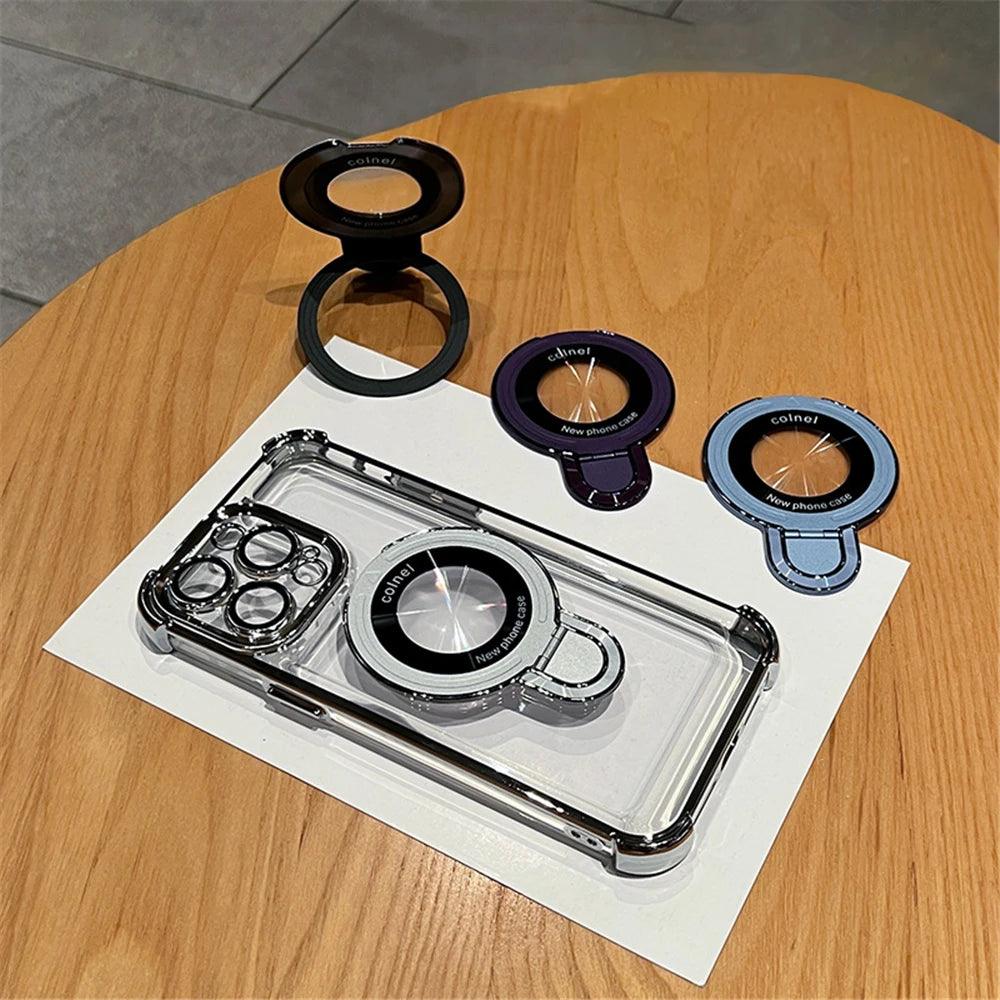 Luxury Plating Shockproof Magnetic Bracket For Magsafe Clear Case For iPhone 15 16 14 13 12 11 Pro Max With Holder Stand Cover - MANDOTOS