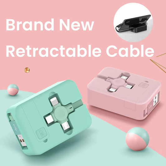 Mandotos 4-in-1 retractable USB cable with macaron design, for iPhone, Type C, Micro, includes phone stand and storage box.