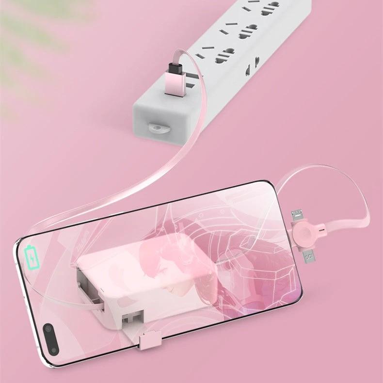 Mandotos 4-in-1 retractable USB cable with macaron design, Type C and Micro USB for iPhone, includes phone stand and storage box.