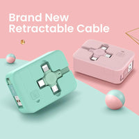 Mandotos 4-in-1 retractable USB cable with macaron design, Type C and Micro USB for iPhone, includes phone stand and storage box.