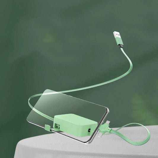 Mandotos 4-in-1 retractable USB cable with macaron design, Type C and Micro USB, includes phone stand and storage box.