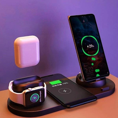 Mandotos 5V wireless charger with lithium battery and USB interface, showing the compact device with charging ports and indicator lights.