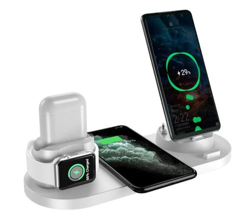 MANDOTOS 5V wireless charger with lithium battery and USB interface, showing the compact charger device with ports and LED indicators.