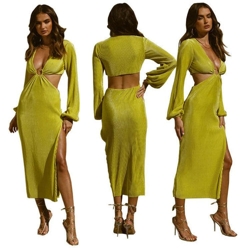 Mandotos autumn fashion pressed pleated waistless women's dress displayed on a model, showcasing its elegant design and flowy fabric.