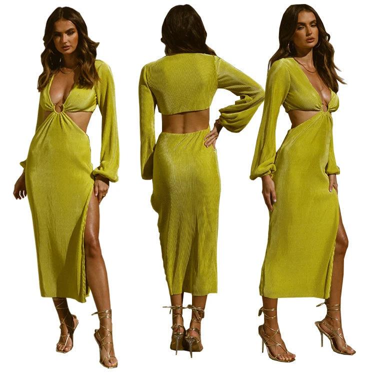 Mandotos autumn fashion pressed pleated waistless women's dress displayed on a model, showcasing its elegant design and flowy fabric.