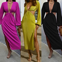 Mandotos autumn fashion pressed pleated waistless women's dress displayed on a hanger, showcasing its elegant design and fall-inspired style.