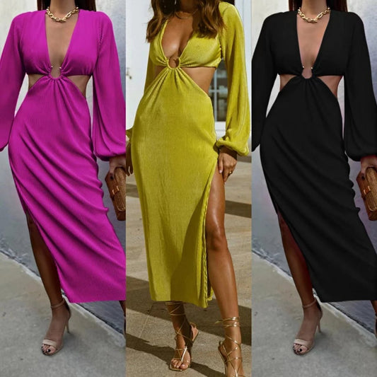 Mandotos autumn fashion pressed pleated waistless women's dress displayed on a hanger, showcasing its elegant design and fall-inspired style.