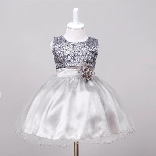 Baby sequin dress by MANDOTOS featuring flower girl style and princess design, suitable for wedding and special occasions.