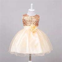 Baby sequin dress by MANDOTOS with flower girl design, perfect for wedding princess attire, featuring a sparkly, elegant look.